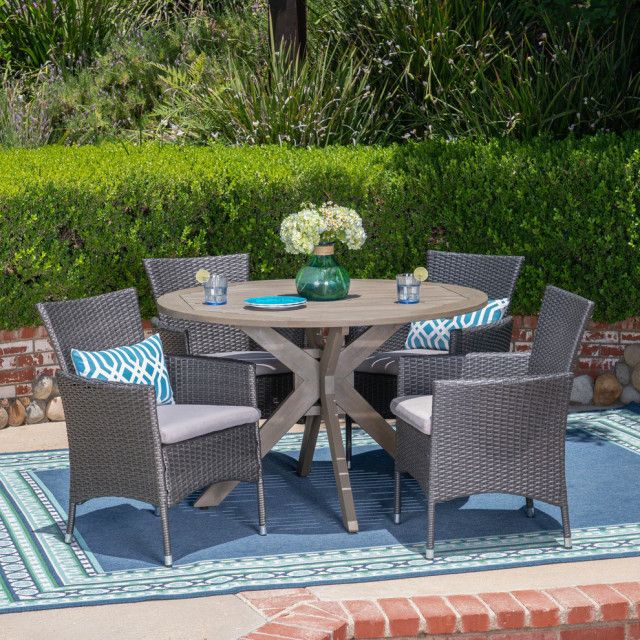 Gdf Studio 5-Piece Key Outdoor Wood And Wicker Dining Set, Gray And ... pertaining to Elevating Outdoor Living The GDF Studio Louise Set