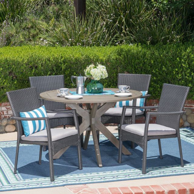 Gdf Studio 5-Piece Layna Outdoor Wood And Wicker Dining Set, Gray And ... with regard to Gdf Studio 5-Piece Layna Outdoor Wood And Wicker Dining Set, Gray And Gray