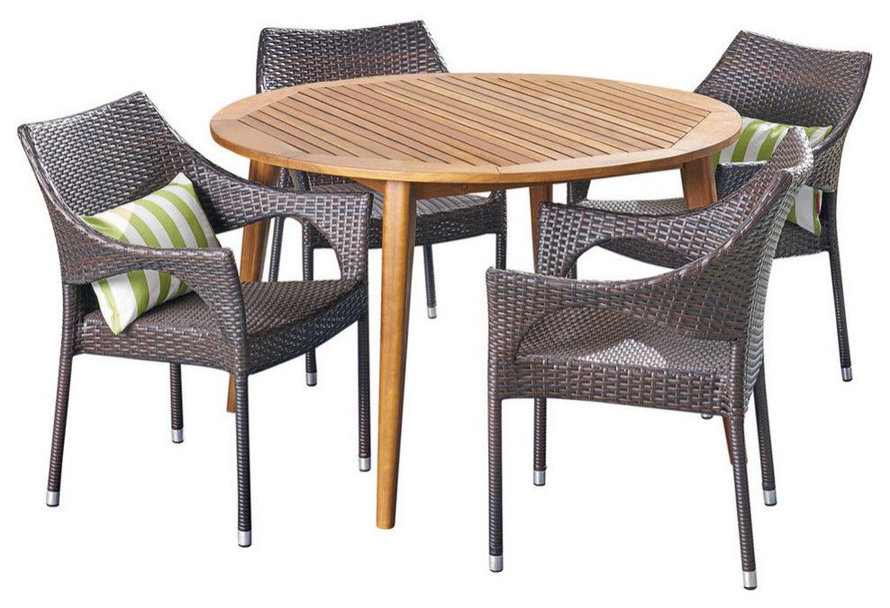 Gdf Studio 5-Piece Nix Outdoor Wood And Wicker Dining Set, Teak/Multi ... in Gdf Studio 5-Piece Zack Outdoor Wood Dining Set With Straight Legged Table, Teak