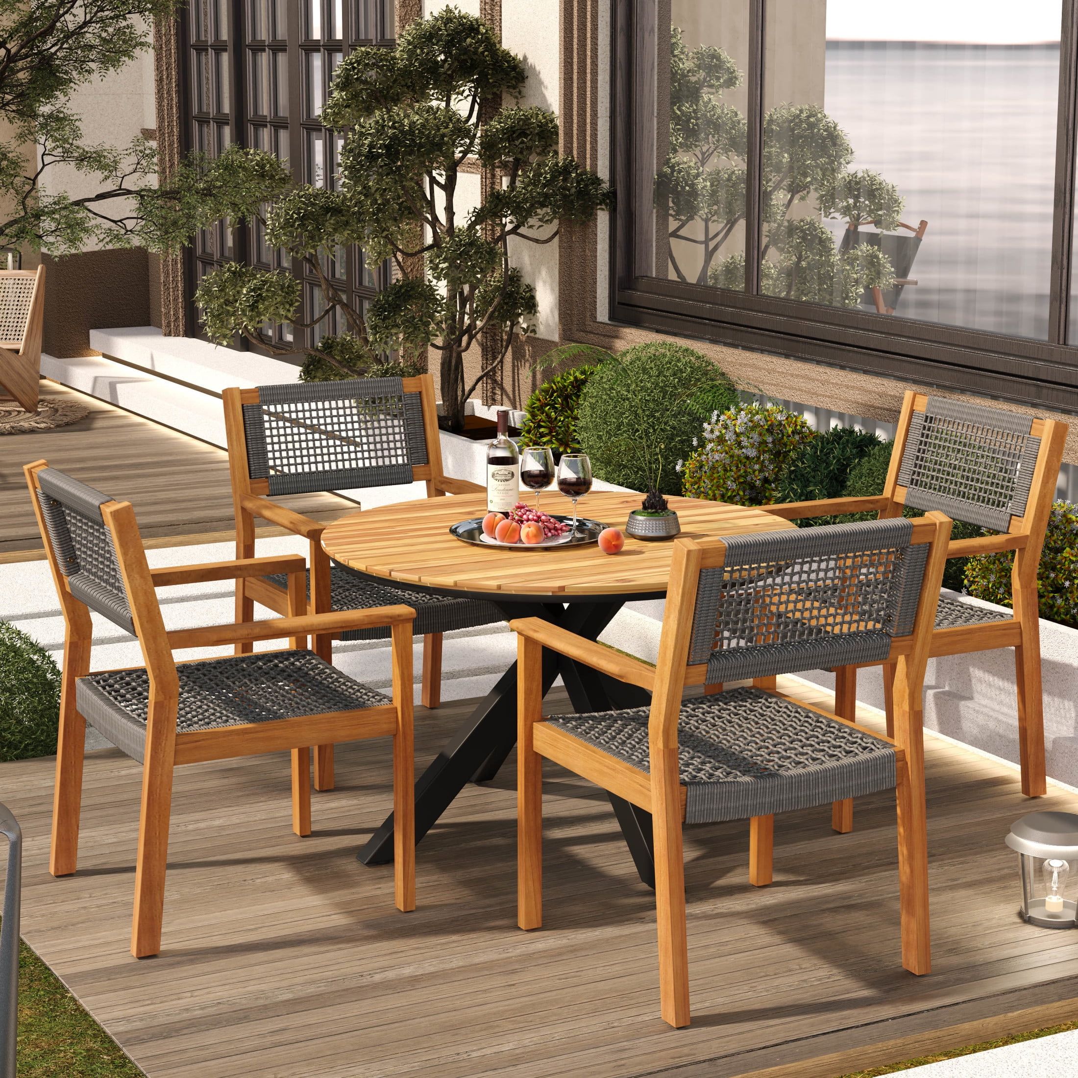 Gdf Studio 7-Piece Acacia Wood Outdoor Dining Set With Rope Chairs And ... for Gdf Studio 7-Piece Justin Outdoor Acacia Wood Dining Set, Teak/Rustic Metal/Blue