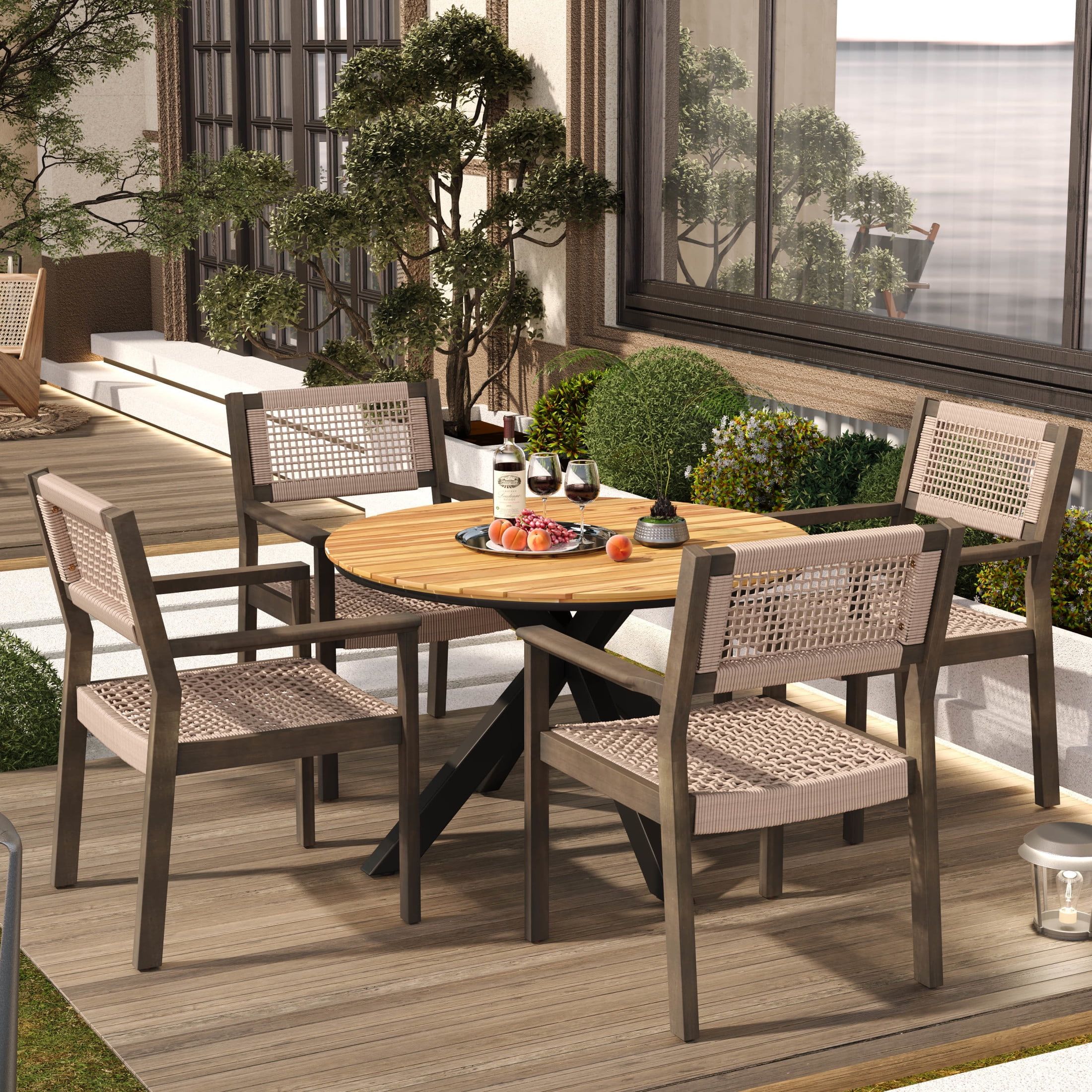 Gdf Studio 7-Piece Acacia Wood Outdoor Dining Set With Rope Chairs And ... regarding Gdf Studio 7-Piece Baia Outdoor Acacia Wood Dining Set, Gray Finish/Cream