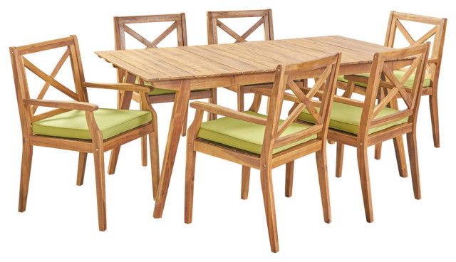Gdf Studio 7-Piece Alva Outdoor Acacia Wood Dining Set, Teak/Teak/Green ... with Gdf Studio 6-Piece Belen Outdoor Teak Acacia Wood Dining Set With Dining Chairs