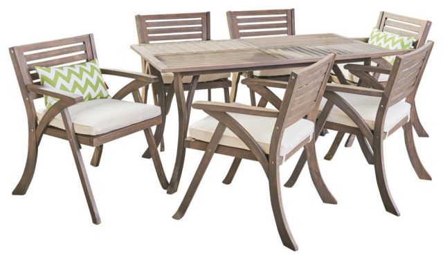 Gdf Studio 7-Piece Baia Outdoor Acacia Wood Dining Set, Gray Finish ... throughout Gdf Studio 7-Piece Denmark Outdoor Teak Acacia Wood Rectangular Dining Set