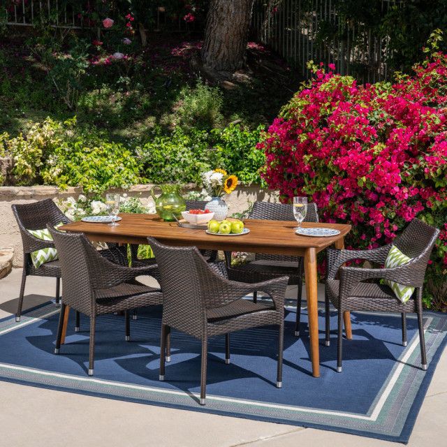 Gdf Studio 7-Piece Ben Outdoor Wicker Dining Set With Acacia Dining ... inside Gdf Studio 7-Piece Lancaster Outdoor Wicker Dining With Cushions Set