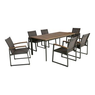 Gdf Studio 7-Piece Buster Outdoor Aluminum And Mesh Dining Set With ... with regard to Gdf Studio 7-Piece Buster Outdoor Aluminum And Mesh Dining Set With Wood Top, Natural/Gray