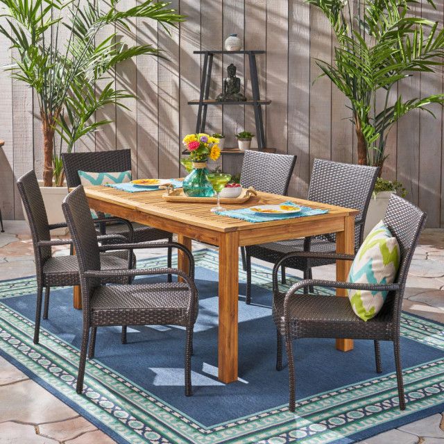 Gdf Studio 7-Piece Ellis Outdoor Wood/Wicker Expandable Dining Set ... in Gdf Studio 7-Piece Sakura Outdoor Wood Dining Set With Expandable Dining Table