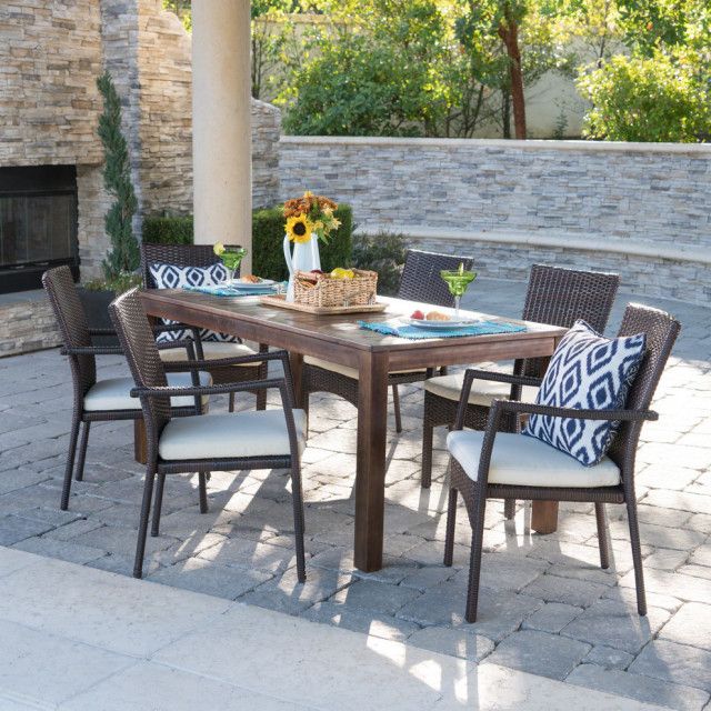 Gdf Studio 7-Piece Goodman Outdoor Dining Set With Brown Wood Table And ... inside Gdf Studio 7-Piece Ashwood Outdoor Brown Aluminum Dining Set With Chairs