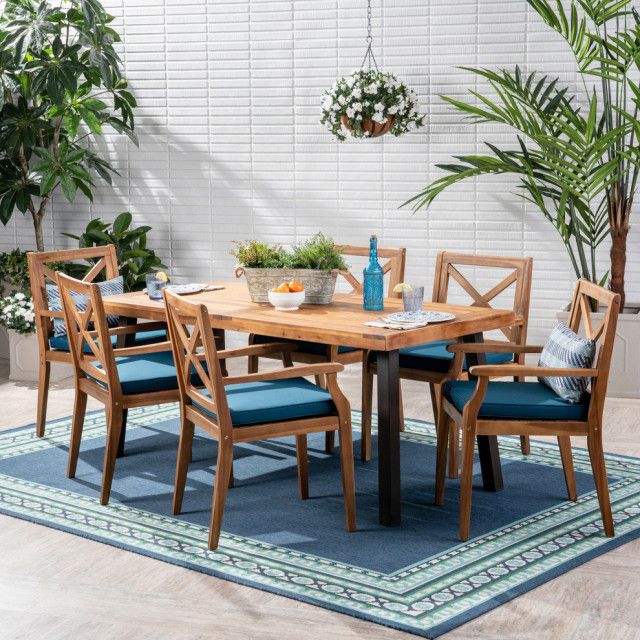 Gdf Studio 7-Piece Justin Outdoor Acacia Wood Dining Set, Teak/Rustic ... within Gdf Studio 7-Piece Nora Outdoor Acacia Wood Dining Set, Teak Finish/Black/Cream
