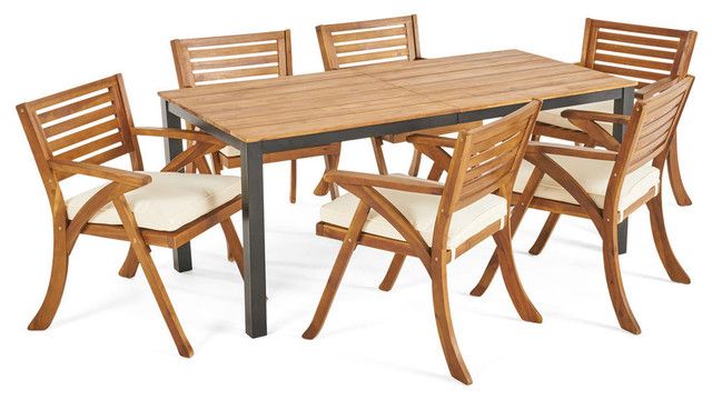 Gdf Studio 7-Piece Nora Outdoor Acacia Wood Dining Set, Teak Finish ... pertaining to Gdf Studio 6-Piece Belen Outdoor Teak Acacia Wood Dining Set With Dining Chairs