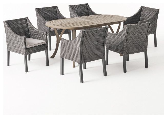 Gdf Studio 7-Piece Pettit Outdoor Wood And Wicker Dining Set, Gray/Gray ... intended for Creating Memorable Outdoor Gatherings with GDF Studio's Wicker Dining Set