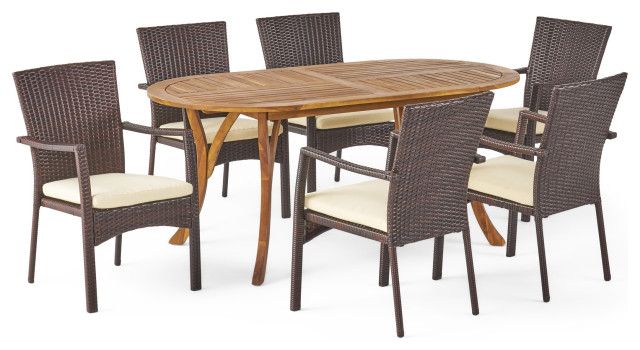 Gdf Studio 7-Piece Polk Outdoor Acacia Wood And Wicker Dining Set, Teak ... inside Gdf Studio 7-Piece Justin Outdoor Acacia Wood Dining Set, Teak And Dark Gray