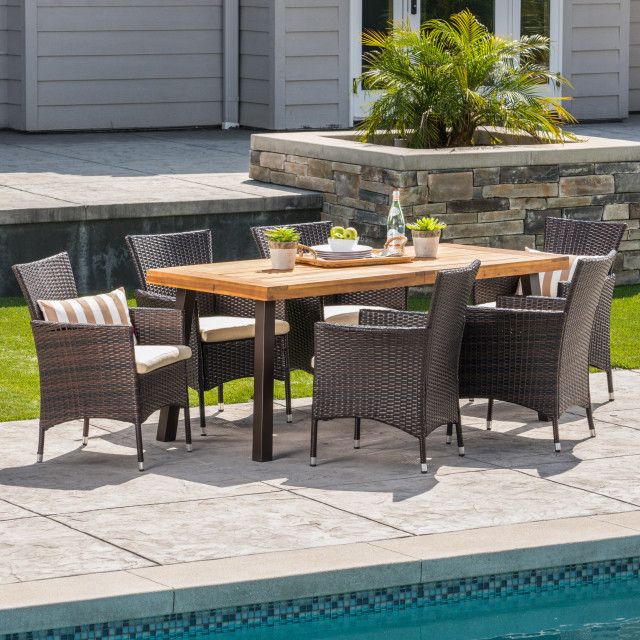Gdf Studio 7-Piece Randy Outdoor Acacia Wood/Wicker Dining Set With ... with regard to Gdf Studio 7-Piece Sebastian Wicker And Wood Dining Set