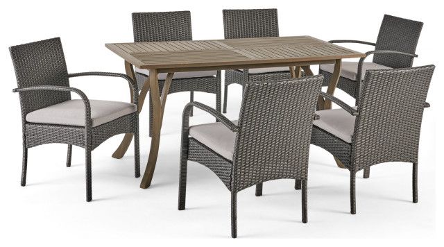 Gdf Studio 7-Piece Rene Outdoor Wood And Wicker Dining Set, Gray Finish ... within Gdf Studio 7-Piece Lancaster Outdoor Wicker Dining With Cushions Set