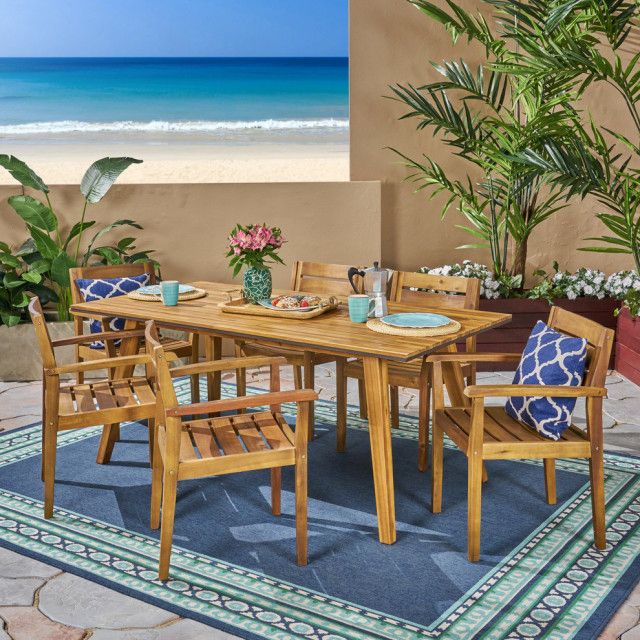 Gdf Studio 7-Piece Renee Outdoor Acacia Wood Dining Set - Transitional ... inside Exploring the Appeal of Blue Accents in Outdoor Wood Furniture