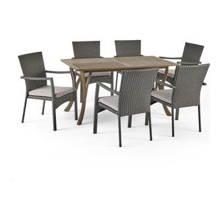 Gdf Studio 7-Piece Ronnie Outdoor Wood And Wicker Dining Set, Gray ... in A Closer Look at the Buster Outdoor Dining Set's Durability and Style