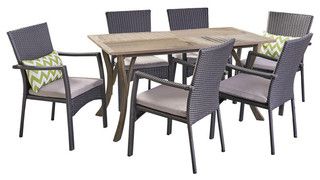 Gdf Studio 7-Piece Ronnie Outdoor Wood And Wicker Dining Set, Gray ... throughout Gdf Studio 7-Piece Buster Outdoor Aluminum And Mesh Dining Set With Wood Top, Natural/Gray