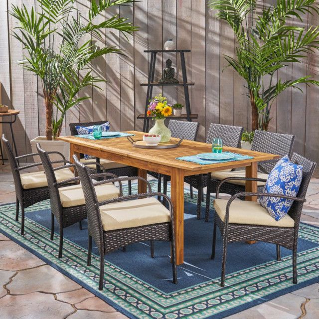 Gdf Studio 9-Piece Elis Outdoor Wood And Wicker Expandable Dining Set ... inside Gdf Studio 9-Piece Jody Outdoor 8-Seater 64"-81" Dining Set With Expandable T