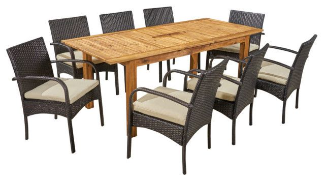 Gdf Studio 9-Piece Elis Outdoor Wood And Wicker Expandable Dining Set ... throughout Gdf Studio 9-Piece Jody Outdoor 8-Seater 64"-81" Dining Set With Expandable T