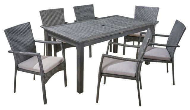 Gdf Studio 9-Piece Louis Outdoor Wood/Wicker Expandable Dining Set ... regarding Gdf Studio Kemp Outdoor 6-Seater Wood Dining Set, Sandblast Dark Gray/Light Gray