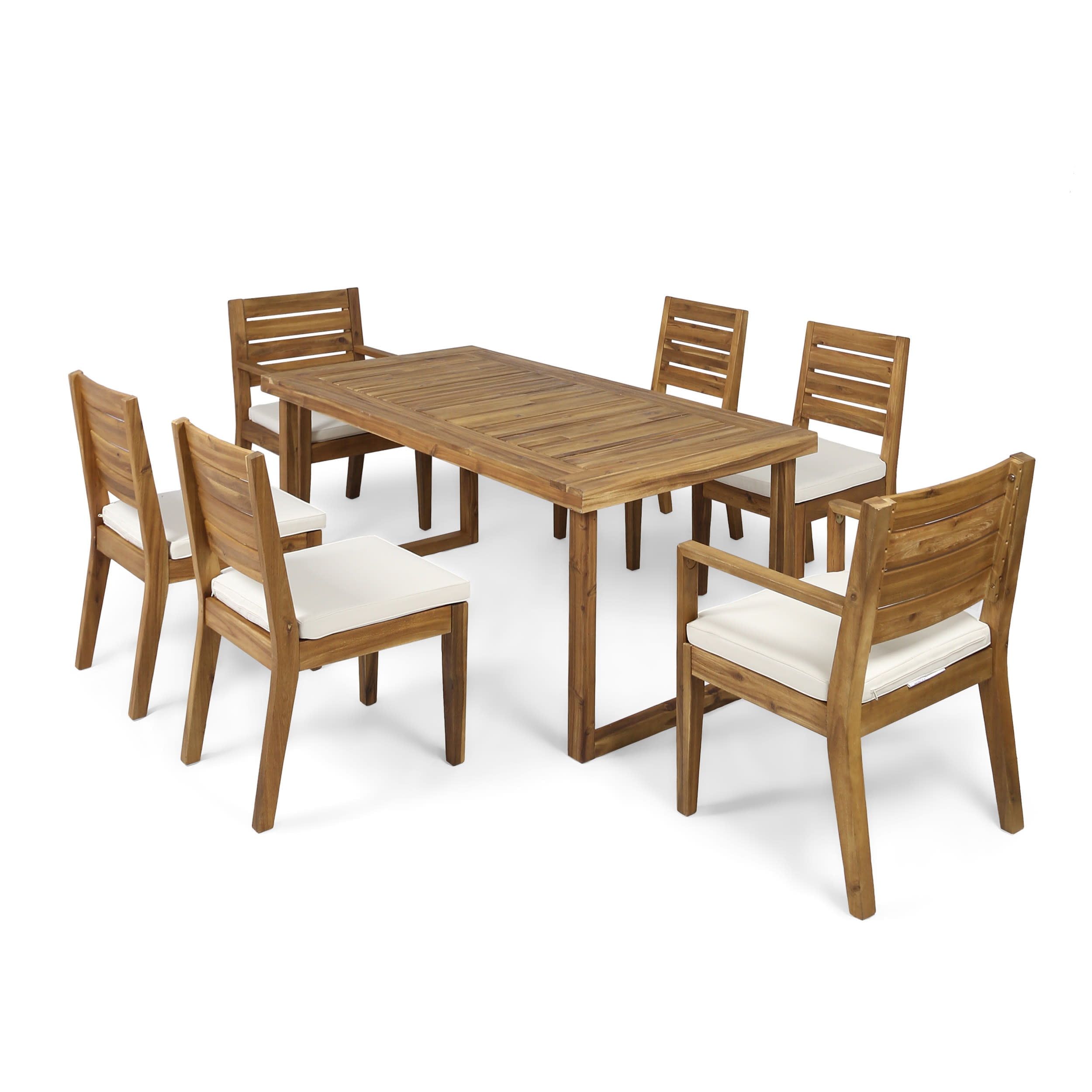 Gdf Studio Agnew Outdoor Acacia Wood 7 Piece Dining Set With Cushion, Sandblasted Natural And ... inside Waldron Outdoor Wicker And Acacia Wood 7 Piece Dining Set With Cushion