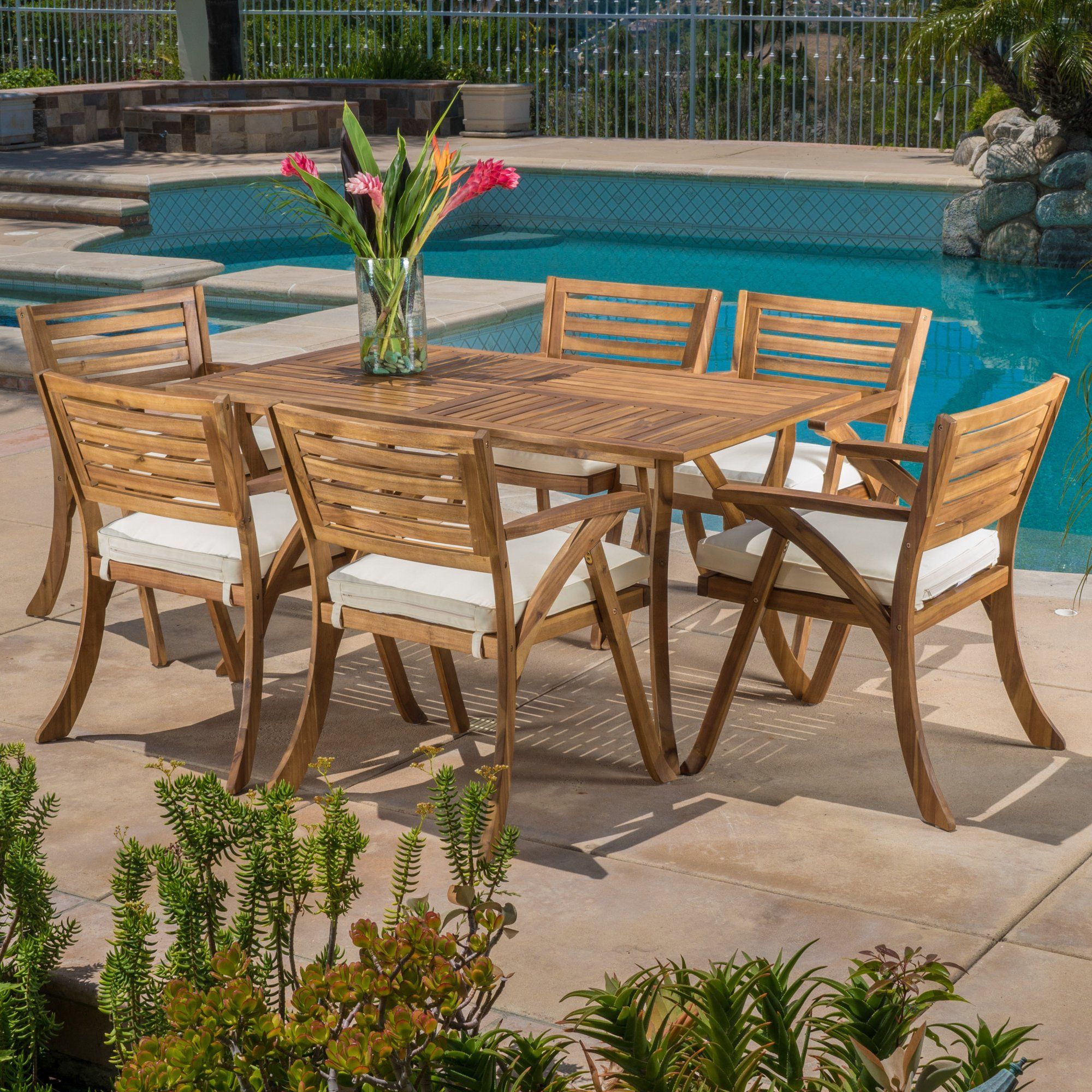 Gdf Studio Baia Outdoor Acacia Wood 7 Piece Dining Set, Teak - Walmart.com | Outdoor Dining Set ... throughout Gdf Studio Baia 7-Piece Acacia Wood Outdoor Dining Set