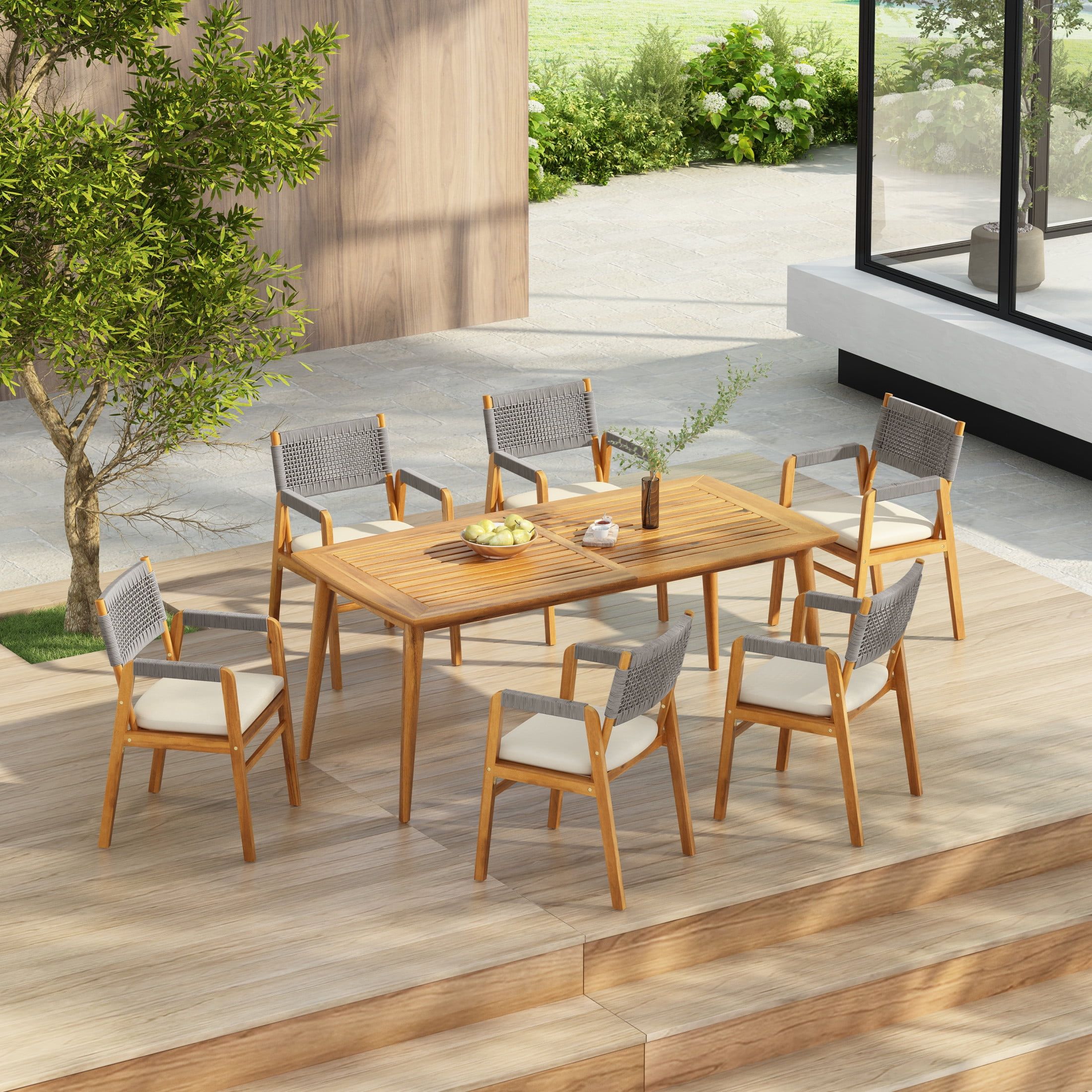 Gdf Studio Boho 7-Piece Outdoor Dining Set With Acacia Wood Table And ... regarding Exploring the Appeal of Blue Accents in Outdoor Wood Furniture