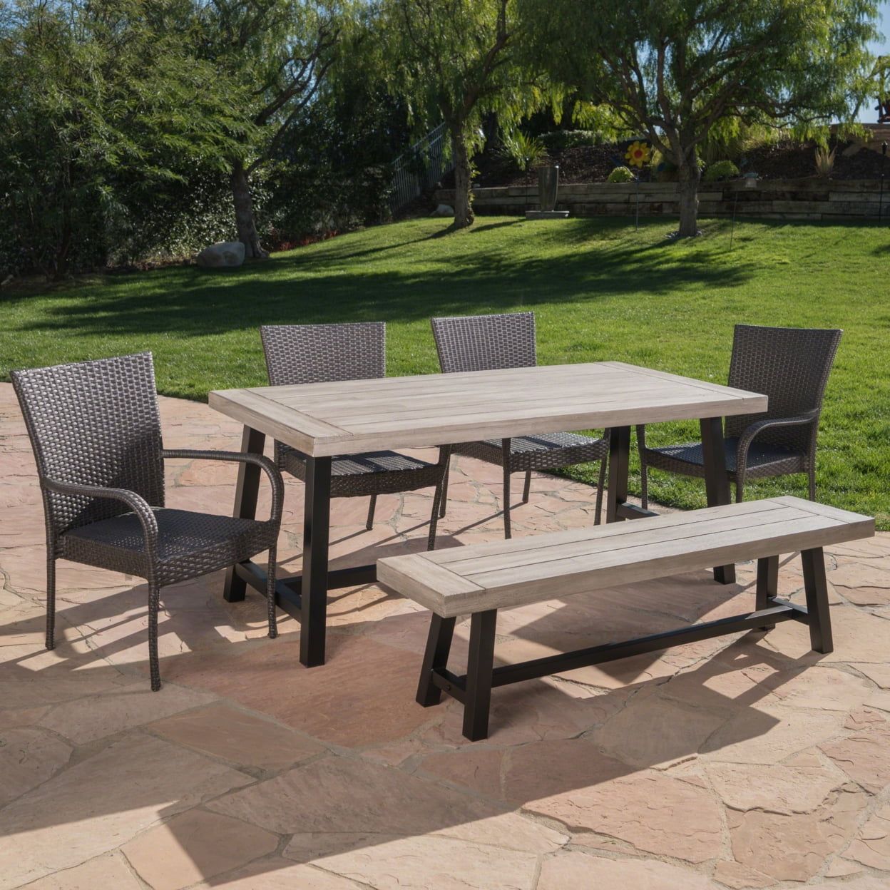 Gdf Studio Carol Outdoor Acacia Wood And Wicker 6 Piece Dining Set ... intended for Gdf Studio 5-Piece Ivey Outdoor Wood And Wicker Dining Set, Gray Finish/Gray