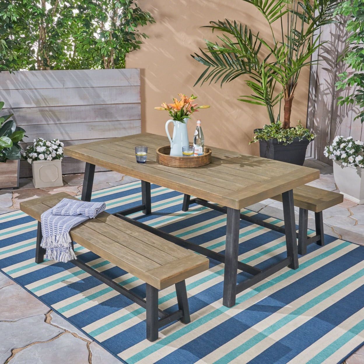 Gdf Studio Foster Outdoor Acacia Wood 3 Piece Picnic Set, Dark Gray And ... within Gdf Studio Modern 3-Piece Acacia Wood Picnic Dining Set, Sandblast Light Gray/Black Metal