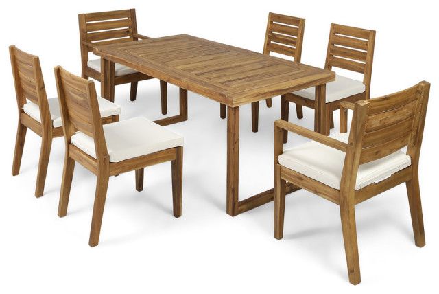 Gdf Studio Kemp Outdoor 6-Seat Wood Dining Set, Sandblast Natural ... intended for Gdf Studio Kemp Outdoor 6-Seat Wood Dining Set, Sandblast Natural Stained/Beige