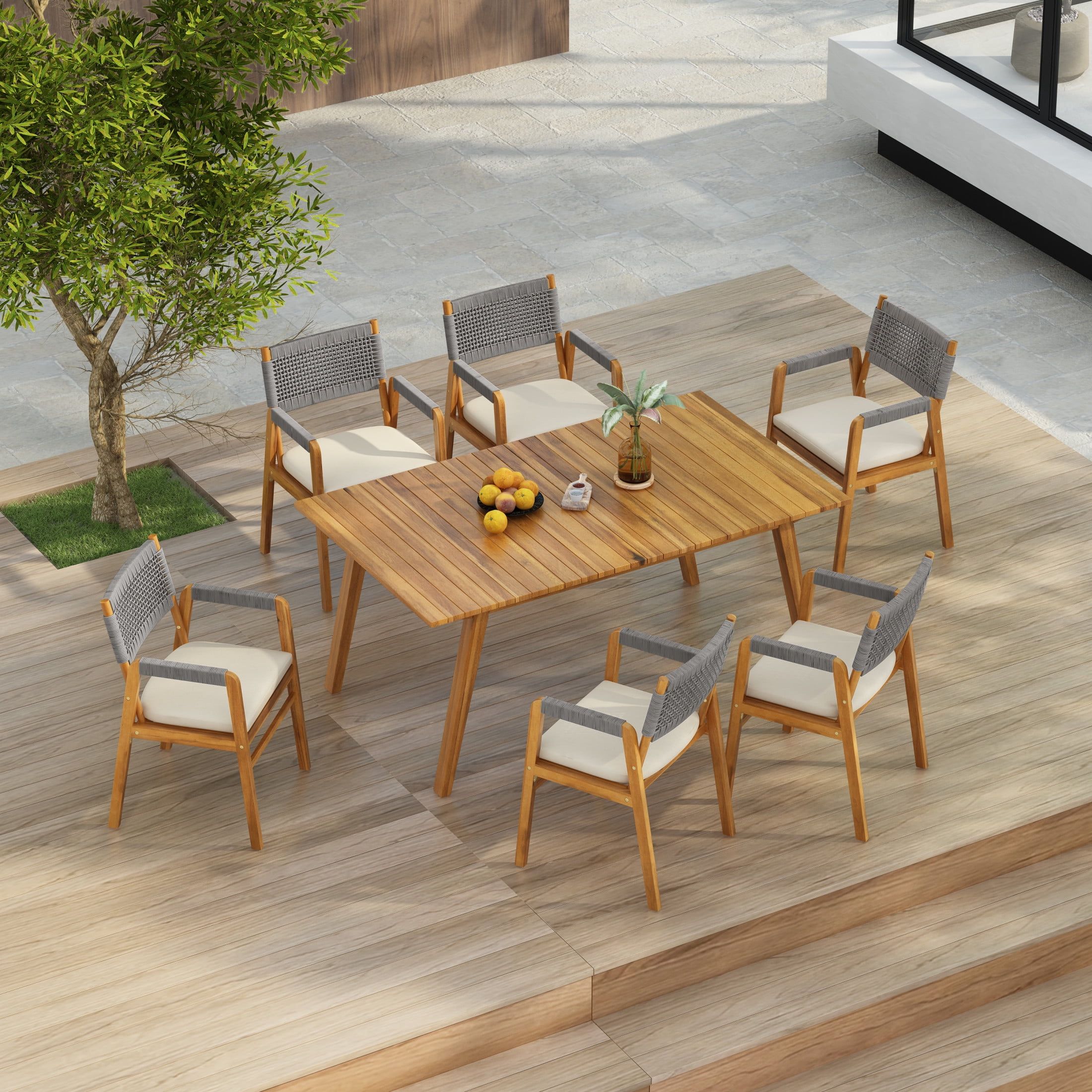 Gdf Studio Nordic 7-Piece Outdoor Dining Set With Acacia Wood Open ... for Exploring the Appeal of Blue Accents in Outdoor Wood Furniture