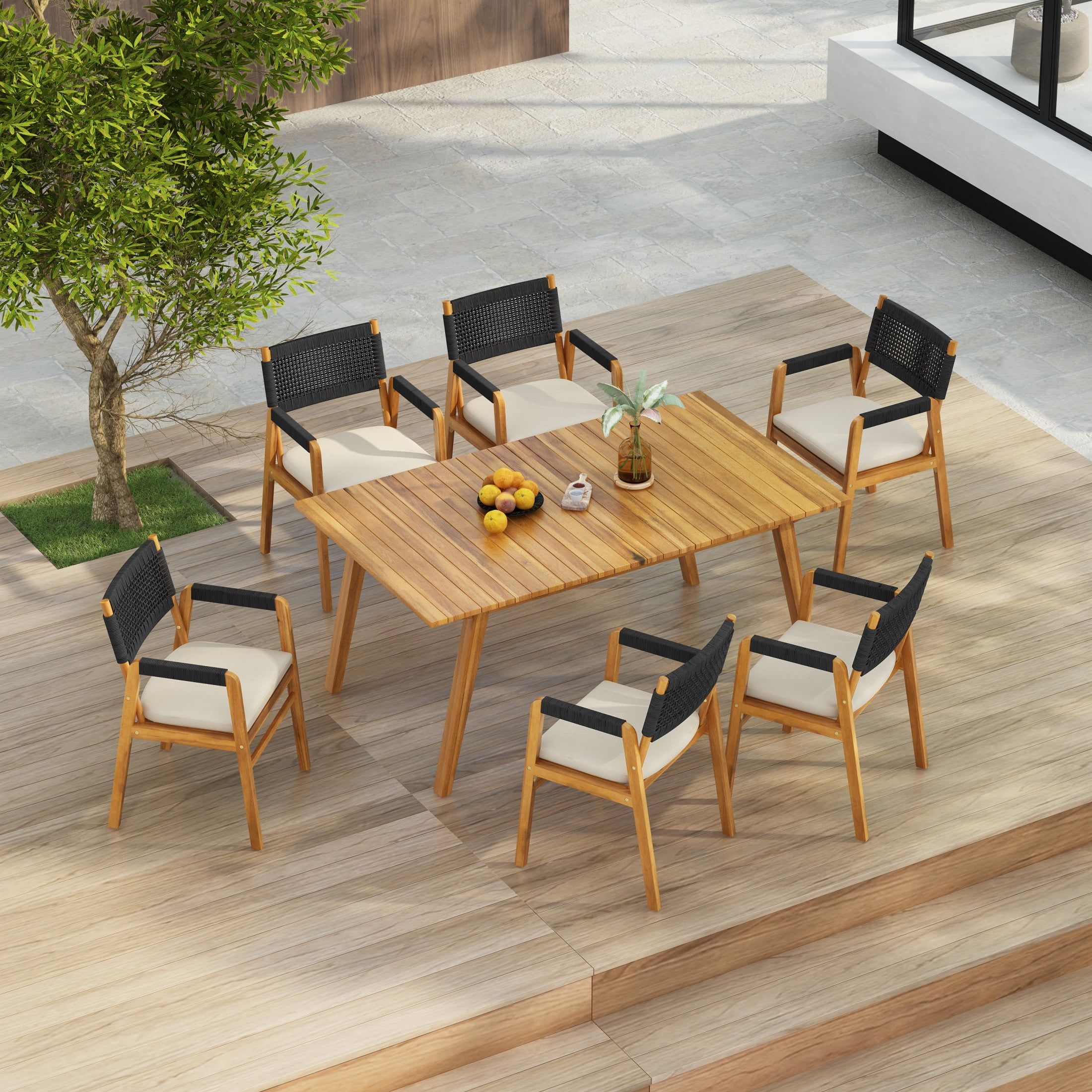 Gdf Studio Nordic 7-Piece Outdoor Dining Set With Acacia Wood Open ... throughout Gdf Studio 7-Piece Harvey Outdoor Acacia Wood Dining Set, Teak Finish/Blue