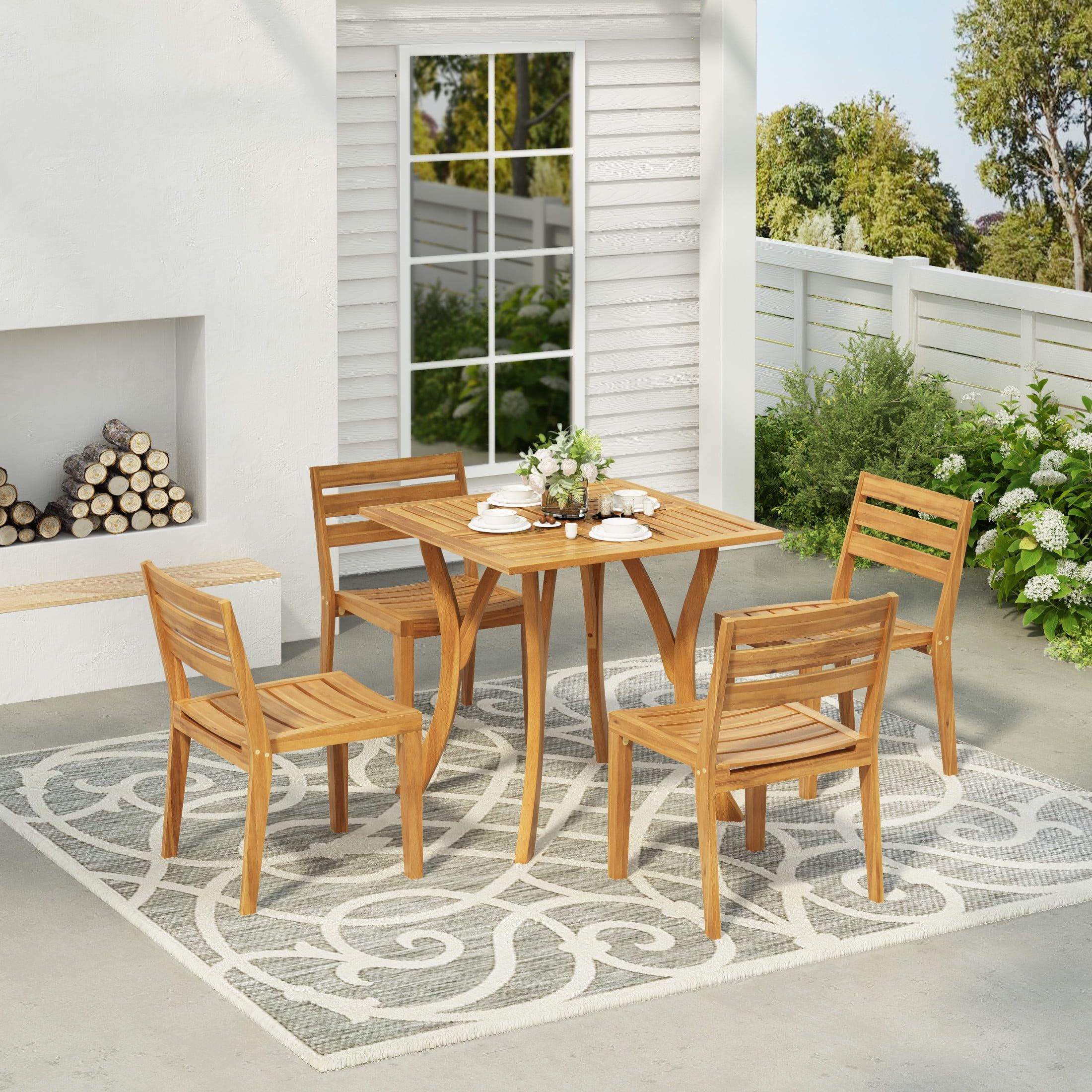 Gdf Studio Rustic Slat Design 5-Piece Outdoor Bistro Set With Acacia ... for Gdf Studio 5-Piece Zack Outdoor Wood Dining Set With Straight Legged Table, Teak