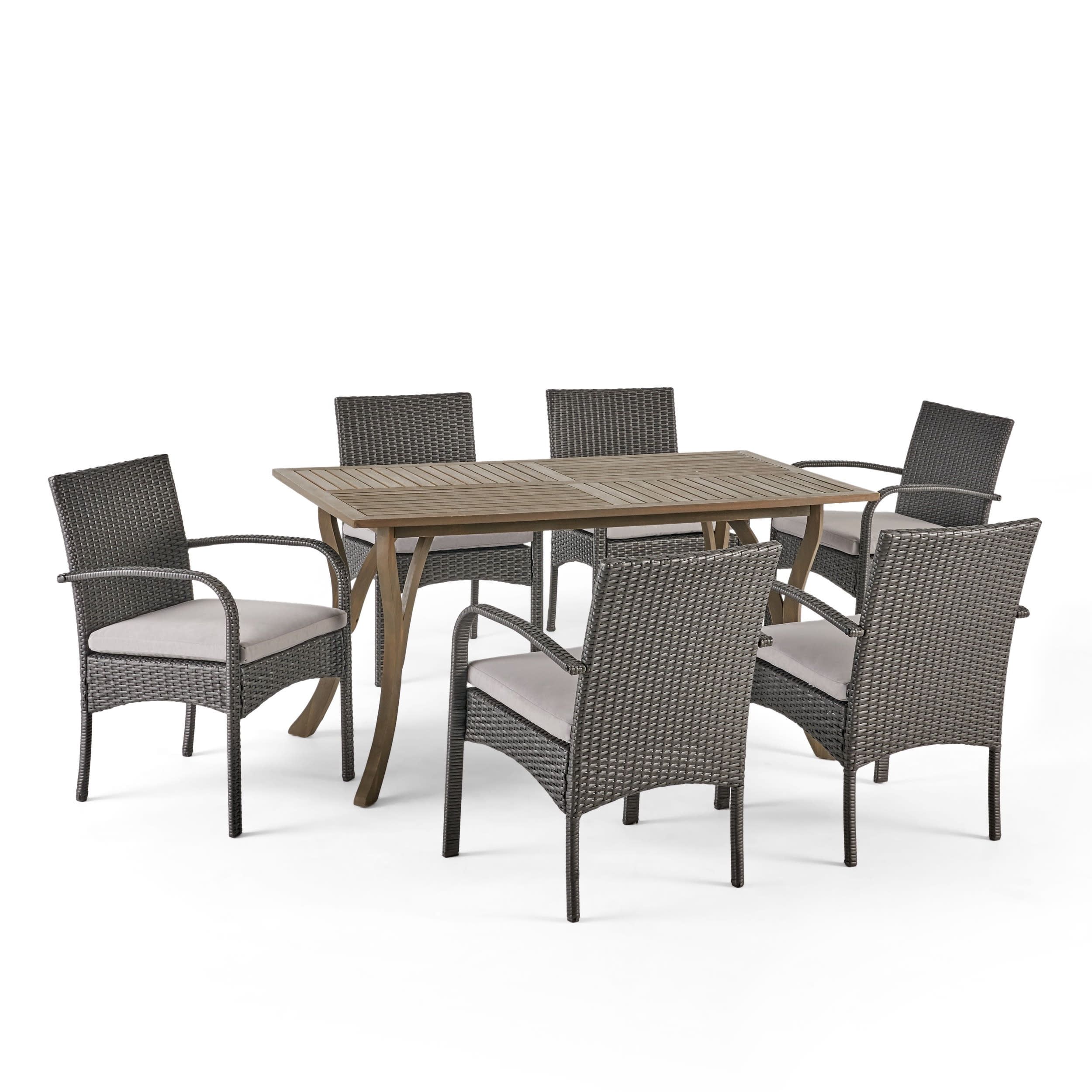Gdf Studio Zakynthos Outdoor Acacia Wood And Wicker 7 Piece Dining Set ... pertaining to Gdf Studio 7-Piece Moore Outdoor Aluminum And Wicker Dining Set With Glass Top, Gray