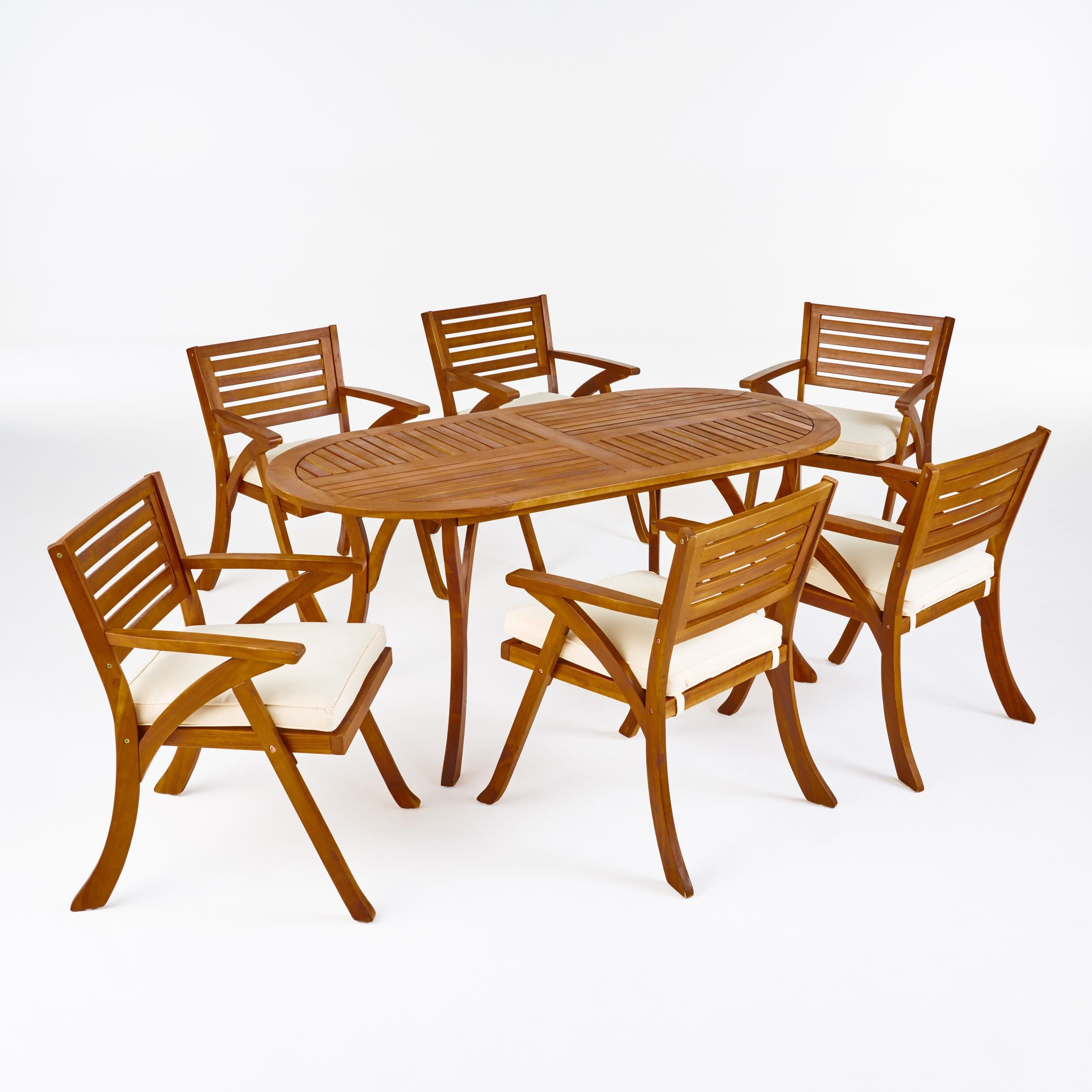 Gdf Studio Zhana Outdoor Acacia Wood 7 Piece Dining Set With Cushion, Teak And Cream - Walmart.com in Waldron Outdoor Wicker And Acacia Wood 7 Piece Dining Set With Cushion