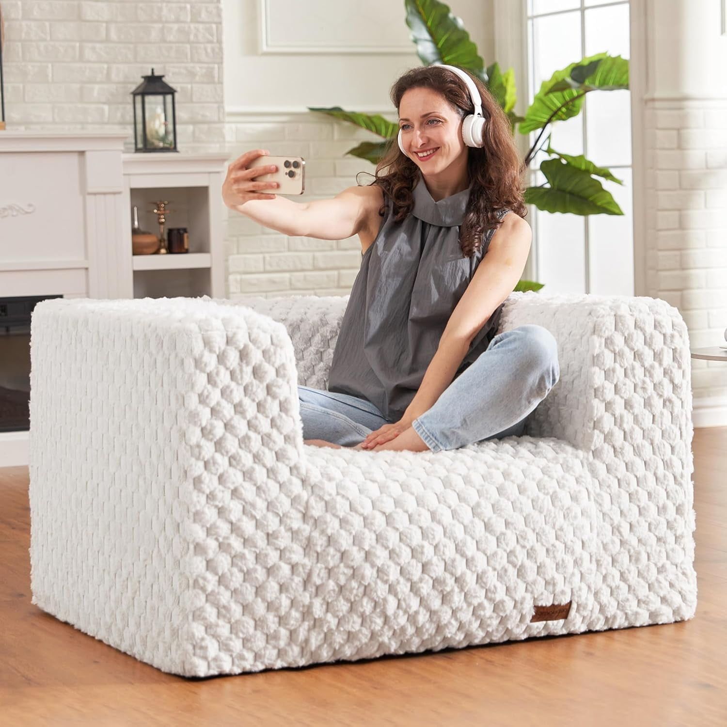 Giant Bean Bag Chair, Bean Bag Couch With Wide Armrests, Bean Bag ... throughout Gewnee Bean Bag Sofa Chair With Armrests Stuffed High-Density Foam, White
