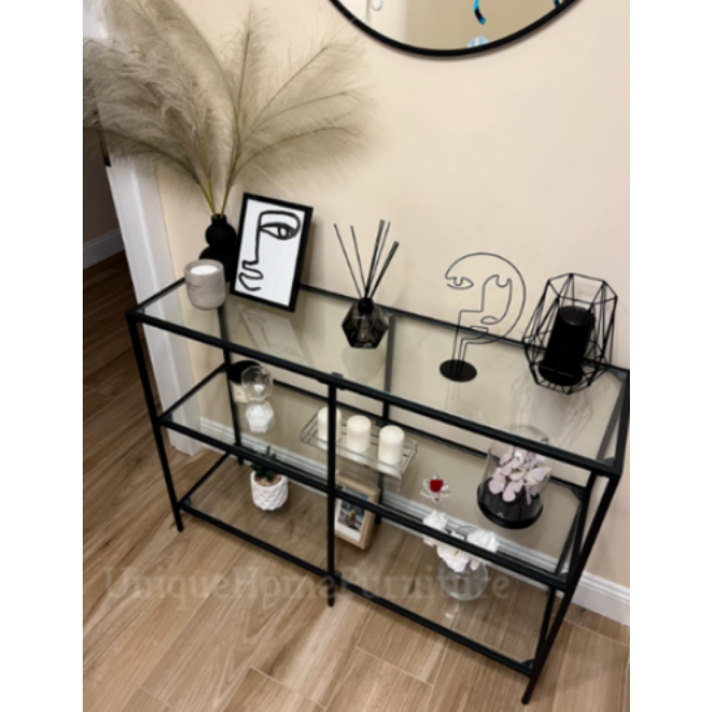 Glass Console Table Side Metal Hall Display Cabinet Modern Black ... for Modern Console Table Trends Integrating Clear Glass with Warm Wood Finishes