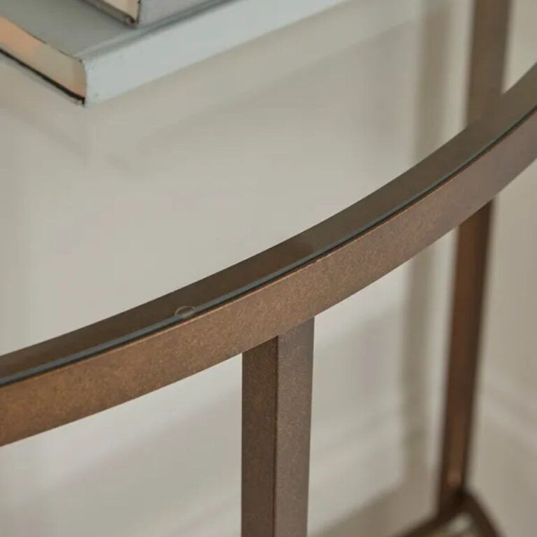 Glass Display Console Table - Amara - Ray Living Concepts regarding Display Console Table, Black Steel, Walnut Wood, Clear Glass