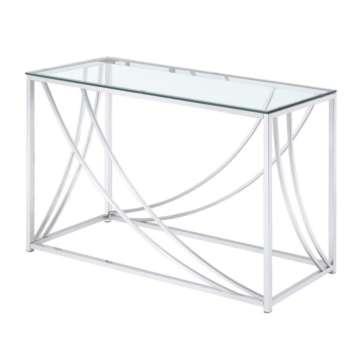 Glass Top Rectangular Sofa Table With Swooping Curves, Clear And Silver- Saltoro Sherpi ... intended for Benzara Bm206487 Glass Top Rectangular Sofa Table, Swooping Curves, Clear/Silver
