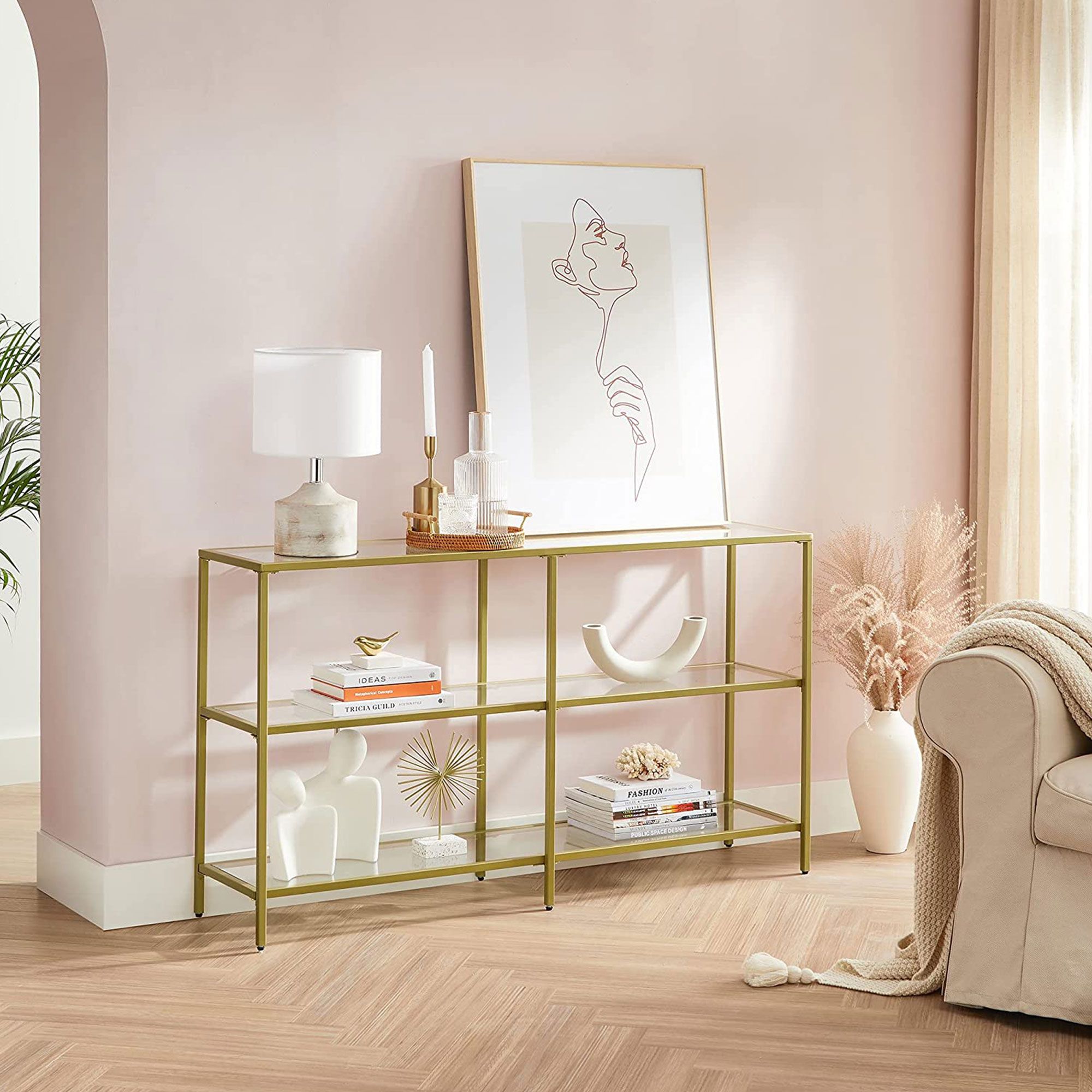 Gold Color 3-Tier Glass Console Sofa Table | Vasagle with Chrysalis 3 Tier Glass Top Console, Gold