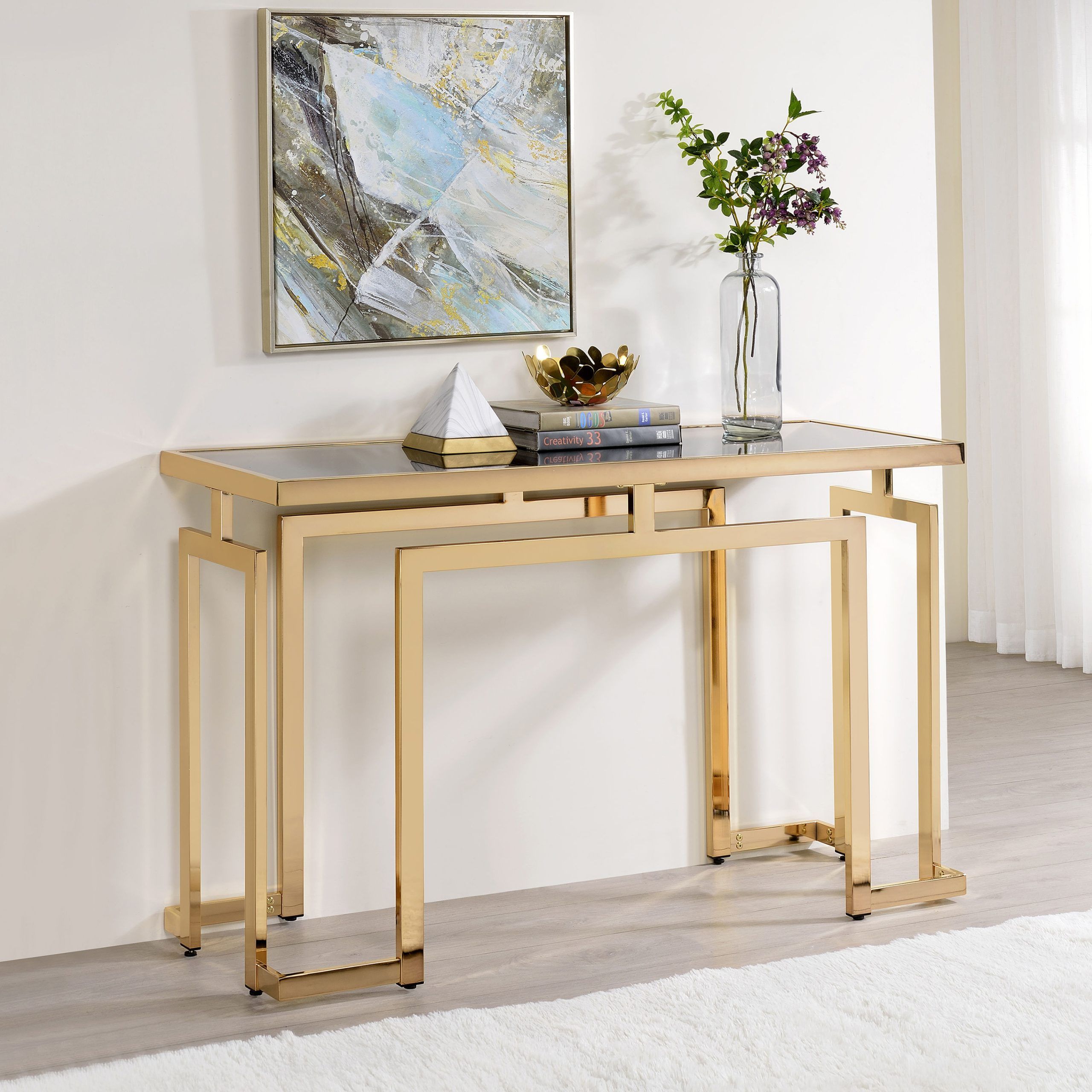 Gold Console Table, Modern Glass Entryway Table With Metal Frame ... for Creating Visual Balance with Gold Console Tables and Glass Shelf Combinations
