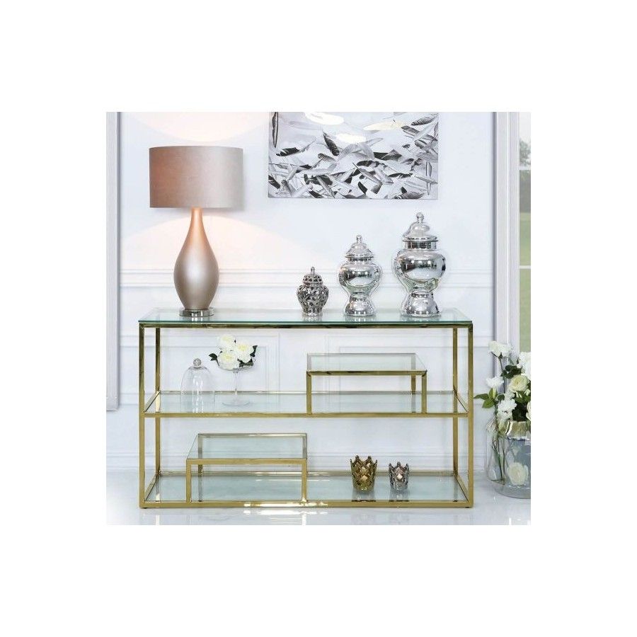Gold-Steel-And-Clear-Glass-Tiered-Console-Table pertaining to Choosing the Right Chrysalis 3 Tier Glass Top Console for Your Home