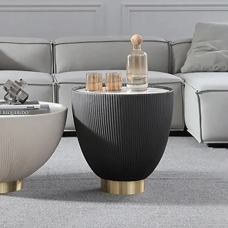 Gray Drum Coffee Table Stone Round Pu-Leather Accent Table | Drum ... in Creating Cozy Ambiance with a Sintered Stone Coffee Table