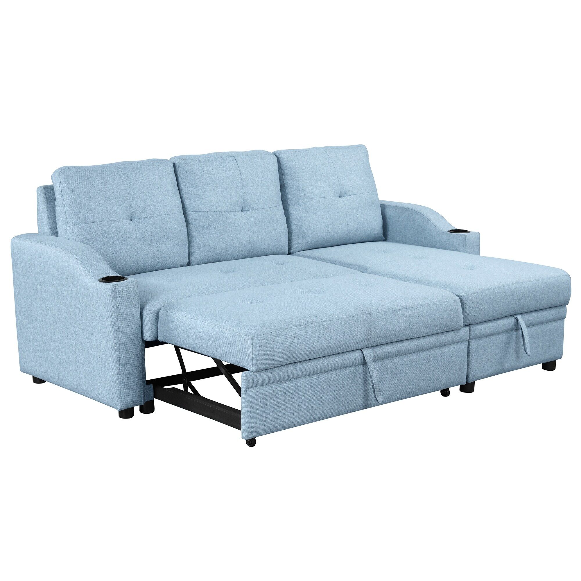 Gray Linen Fabric Pull Out Sectional Sofa Bed, Storage Chaise, Cup ... within Lexicon Mccafferty 2-Piece Fabric Pull-Out Bed &amp;amp; Left Chaise In Gray
