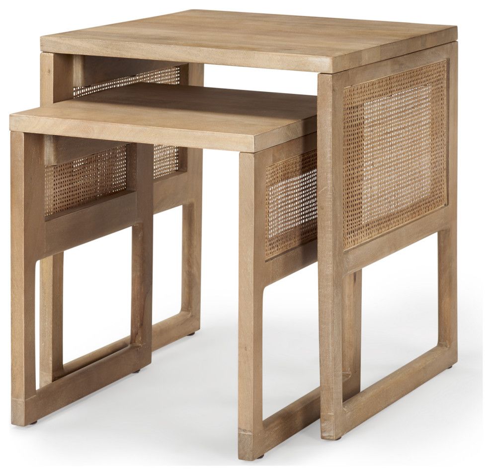 Grier Set Of 2 Light Brown Solid Wood With Cane Nesting Accent Tables ... for Contemporary Solid Acacia Wood Nesting End Tables (Set Of 3)