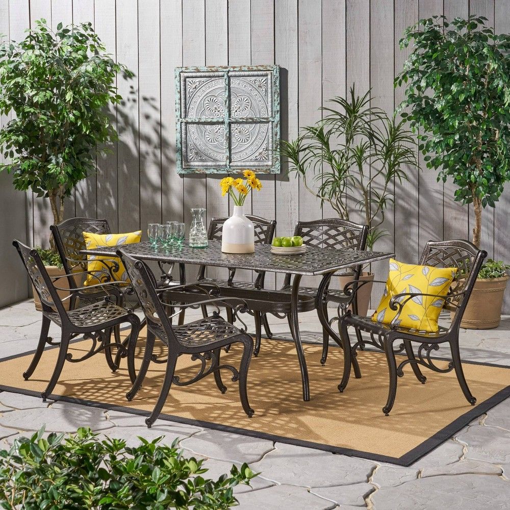 Hallandale Sarasota 7Pc Cast Aluminum Dining Set - Hammered Bronze ... intended for Hallandale Outdoor 6-Seater Cast Aluminum Dining Set