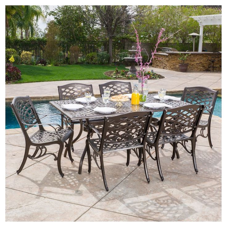 Hallandale Sarasota 7Pc Cast Aluminum Dining Set - Hammered Bronze ... intended for Maximizing space efficiency with Hallandale's 6-person outdoor dining solutions