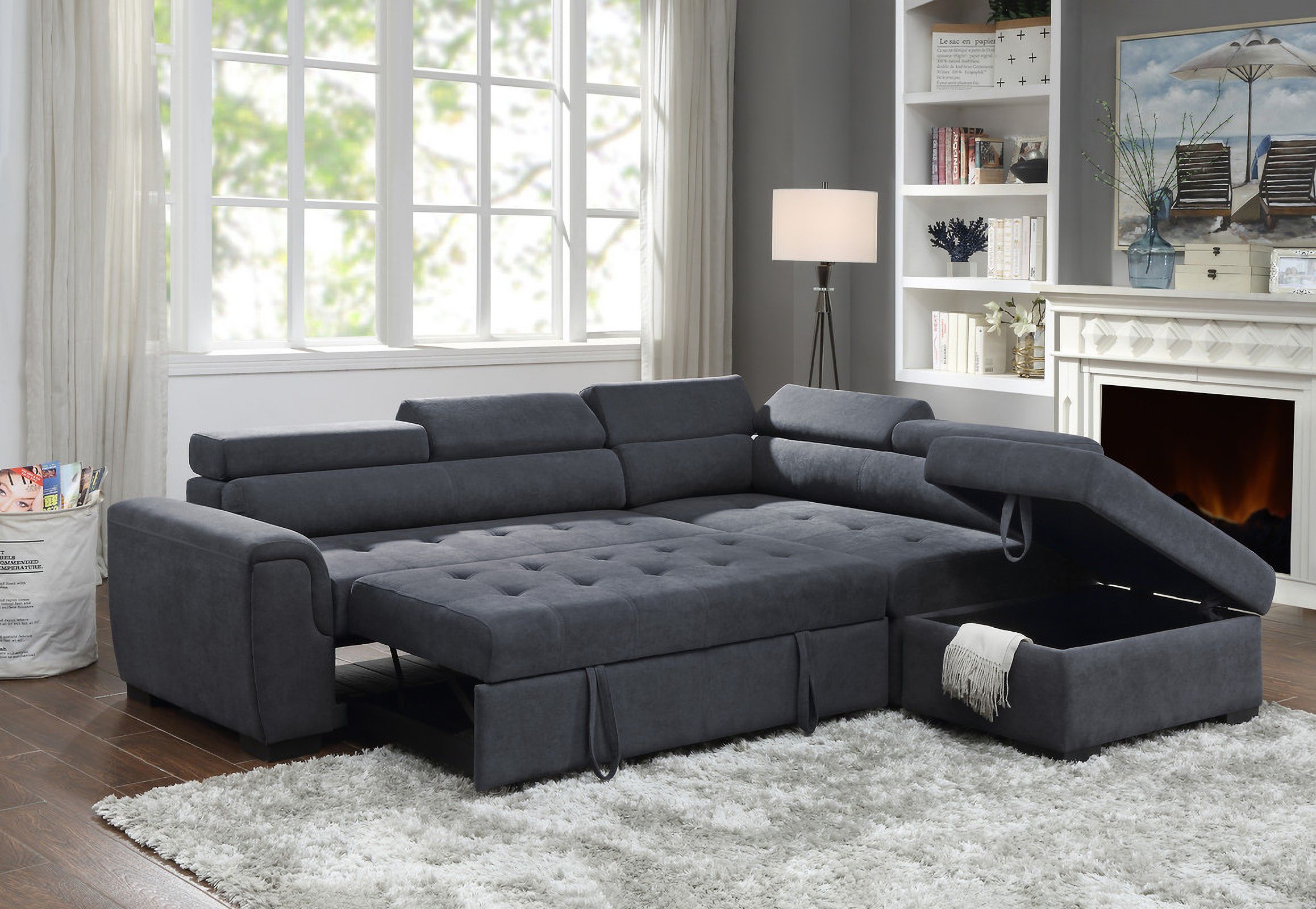 Haris Dark Gray Fabric Sleeper Sofa Sectional With Adjustable Headrest ... regarding Maximizing Your Small Space with the Haris Dark Gray Sleeper Sectional