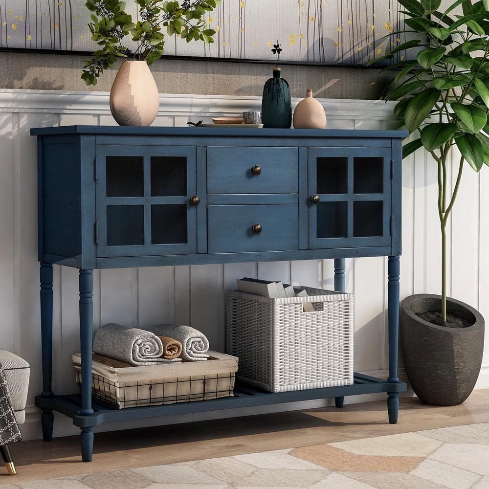 Harper & Bright Designs 42 In. Antique Navy Blue Standard Rectangle ... pertaining to Practical Storage Solutions for Living Spaces Using Console Tables with Drawers