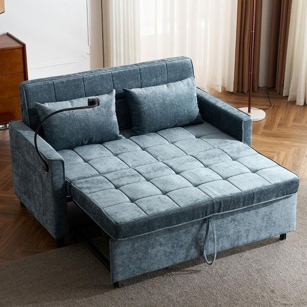 Harper & Bright Designs 56.9 In. Blue Chenille Fabric Twin Pull-Out ... in Convertible Chenille Sofa Bed With Pull-Out Mattress & Cozy Upholstery, Gray