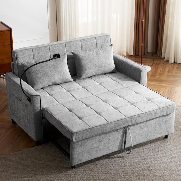 Harper &amp;amp; Bright Designs 56.9 In. Gray Chenille Fabric Twin Pull-Out ... in Comfortable Sofa Bed With Chenille Upholstery &amp;amp; Quick Pull-Out Design, Gray